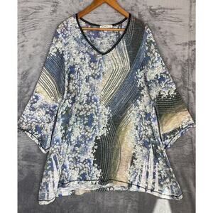 Cactus‎ Womens Large Tunic Knit Top Floral Rhinestone Artsy Art To Wear EUC